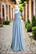 Halter Open Back High Neck Chiffon Long Dusty Blue Plus Size Bridesmaid Dress