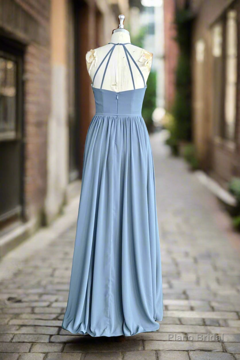 Halter Open Back High Neck Chiffon Long Dusty Blue Plus Size Bridesmaid Dress