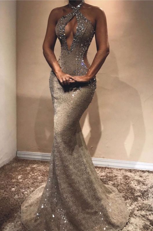Halter Open Back Long Formal Prom Dresses Cheap Shiny Beads Crystals Illusion Mermaid Formal Gowns