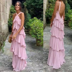 Halter Pink Chiffon Long Formal Prom Formal Evening Dresses Layers Chiffon Custom Made Party Dresses