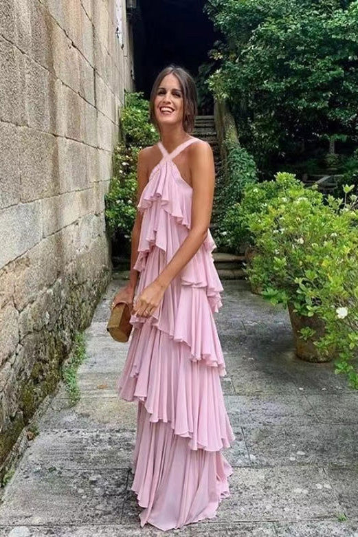 Halter Pink Chiffon Long Formal Prom Formal Evening Dresses Layers Chiffon Custom Made Party Dresses