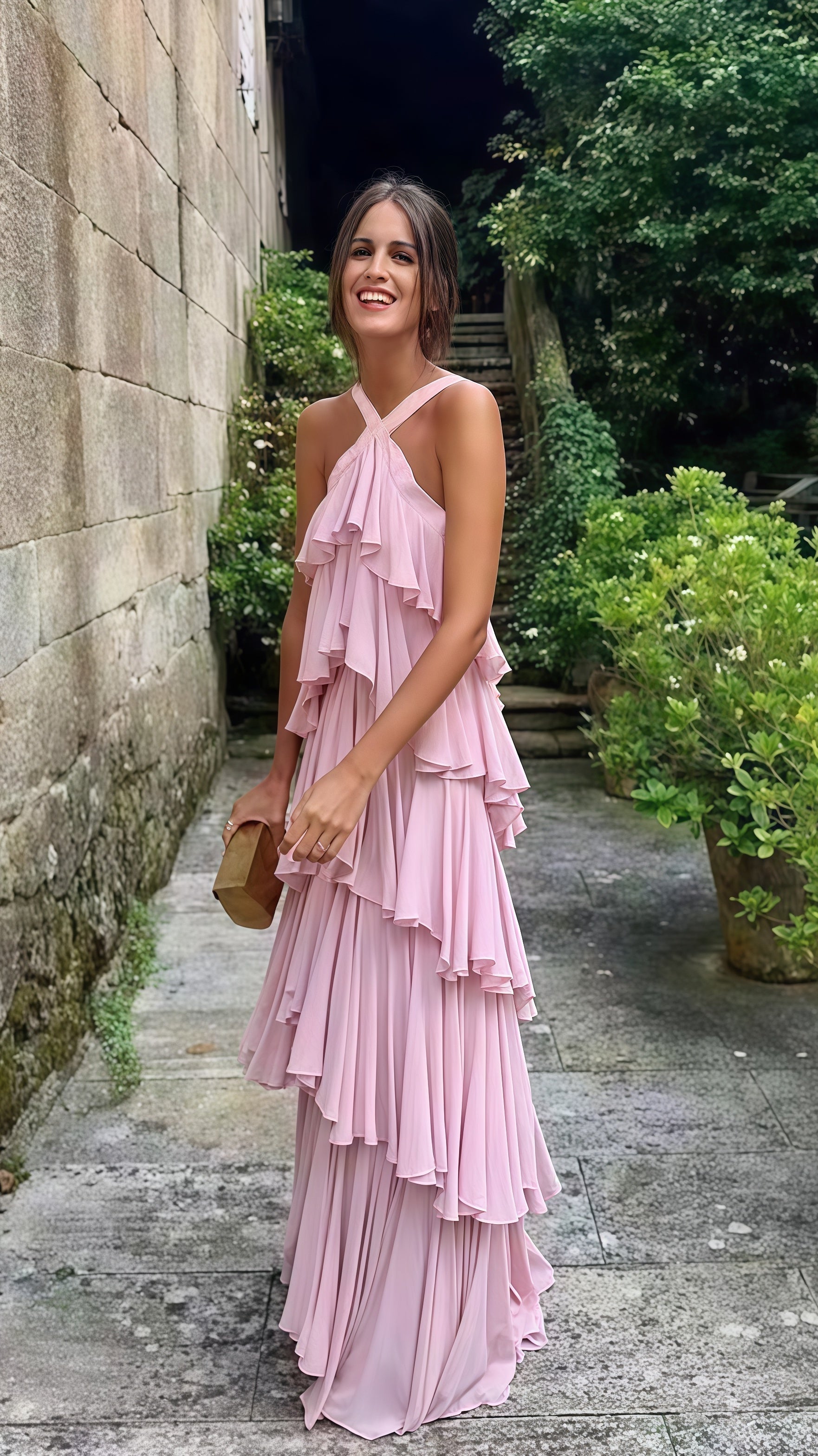 Halter Pink Chiffon Long Formal Prom Formal Evening Dresses Layers Chiffon Custom Made Party Dresses Main image