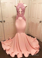 Halter Pink Lace Prom Party Gowns| Mermaid Formal Dresses