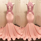 Halter Pink Lace Prom Party Gowns| Mermaid Formal Dresses