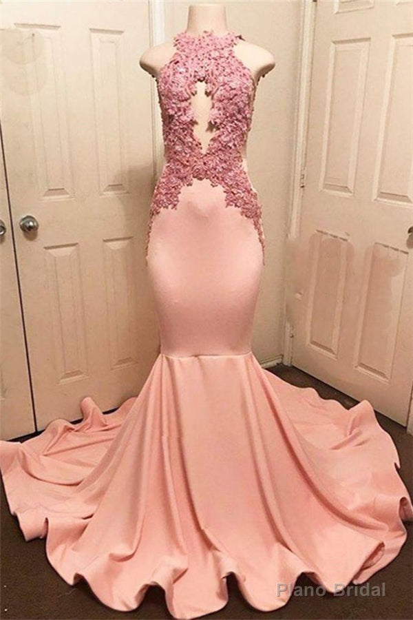 Halter Pink Lace Prom Party Gowns| Mermaid Formal Dresses Main image
