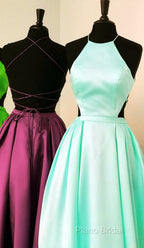 Halter Formal Prom Long Satin Gown Dresses Lace Up Back