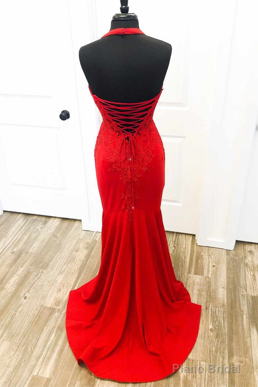 Halter Red Mermaid Long Prom Dresses Lace Appliques Secondary image