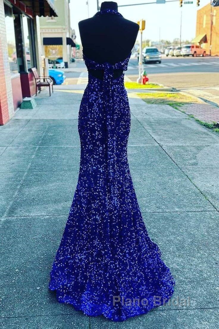 Halter Royal Blue Sequin Evening Dresses Uk Long Formal Prom Dresses Secondary image