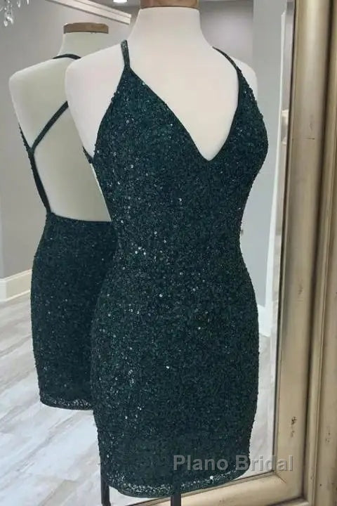 Halter Sequin Sheath Dark Green Homecoming Dresses Secondary image