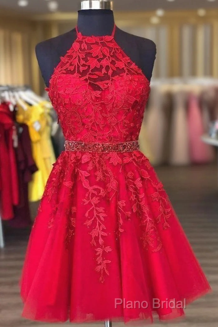 Halter Short Red Homecoming Dresses With Lace Appliques And Beaded Band Main image