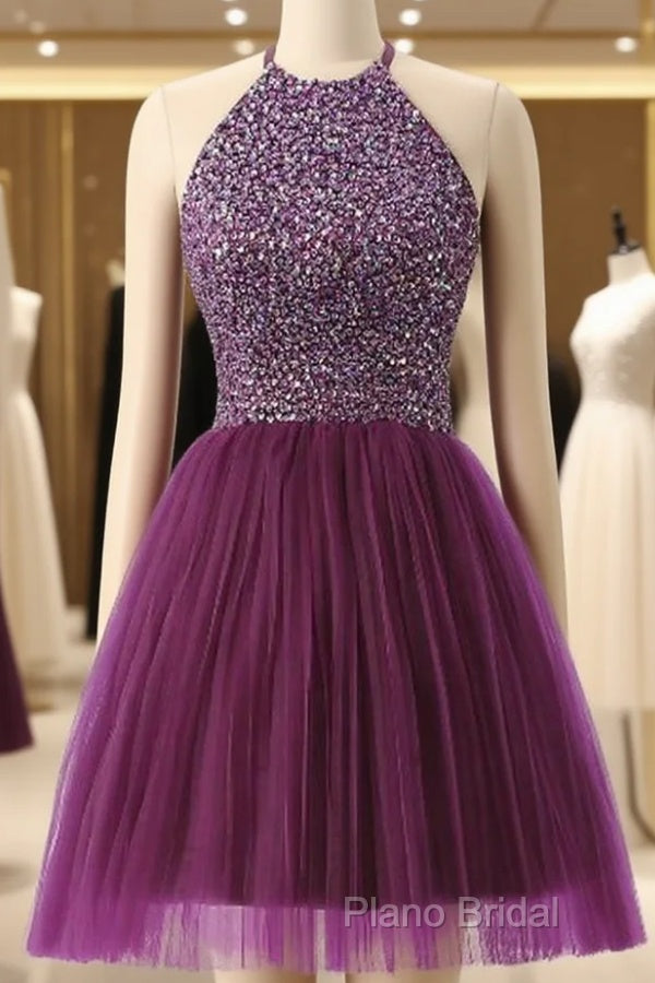 Halter Sleeveless Short Purple Homecoming Dresses Formal Prom Dresses Main image