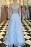 Halter Two Piece Beading Blue Ruffles Tulle Formal Prom Dresses