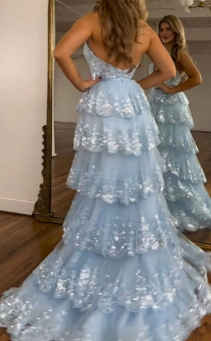 Halter V-Neck Appliques Ruffles Long Formal Prom Dresses