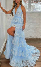 Halter V-Neck Appliques Ruffles Long Formal Prom Dresses