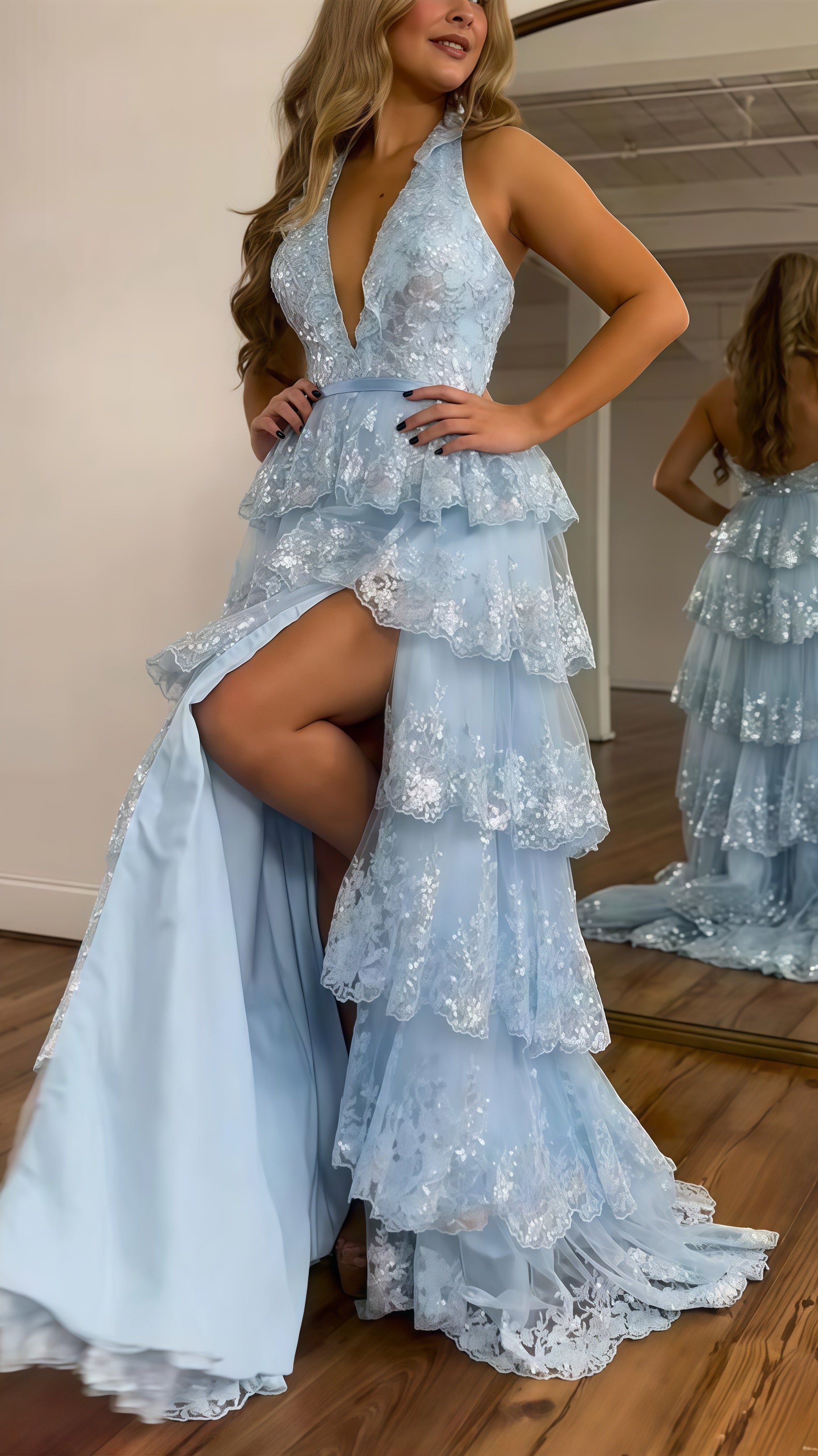 Halter V-Neck Appliques Ruffles Long Formal Prom Dresses
