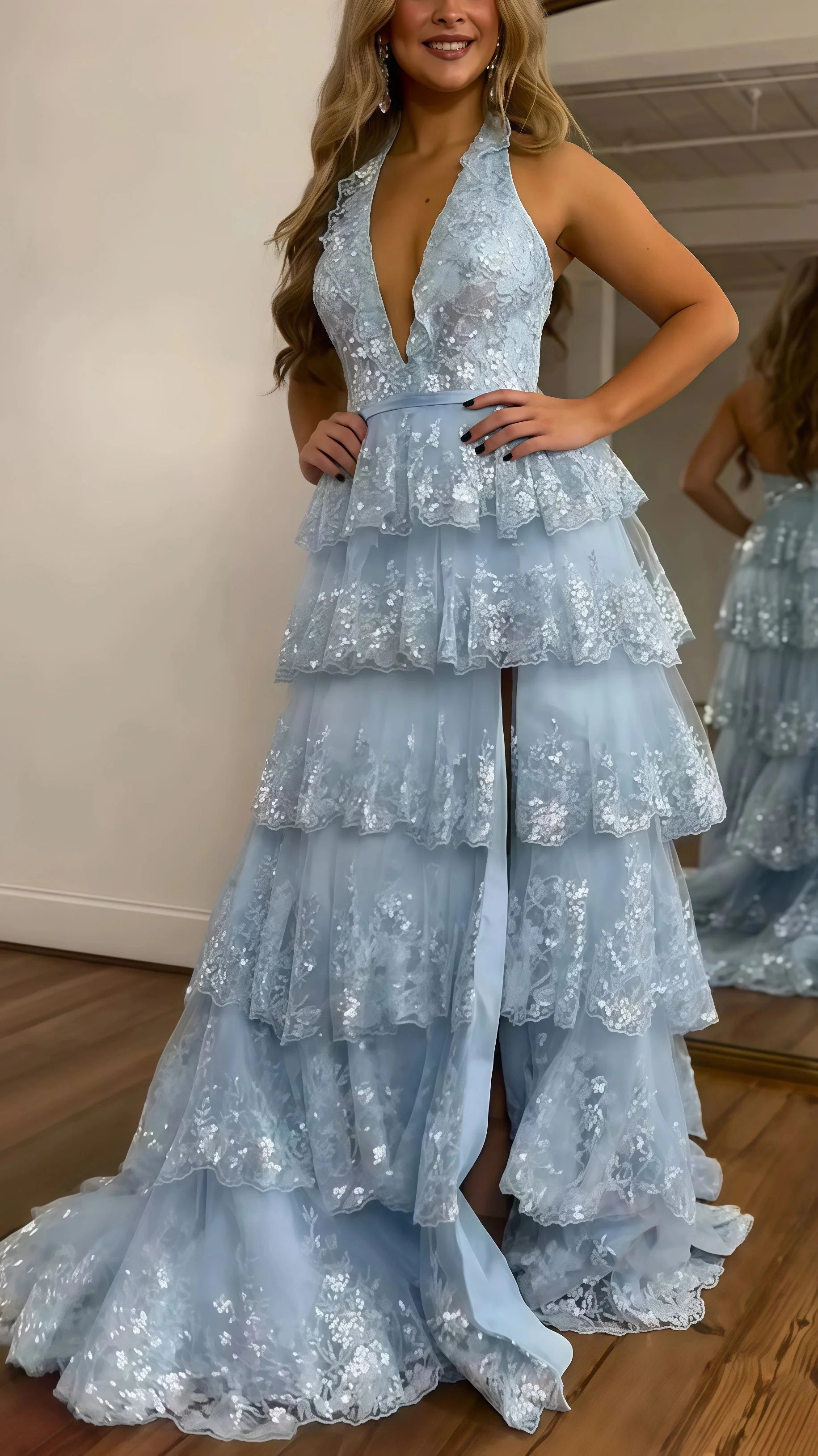 Halter V-Neck Appliques Ruffles Long Formal Prom Dresses Main image