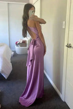 Halter V-Neck Formal Prom Dresses Pleated Satin Sleeveless Long Formal Prom Party Dresses