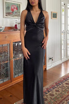 Halter V-Neck Formal Prom Dresses Pleated Satin Sleeveless Long Formal Prom Party Dresses