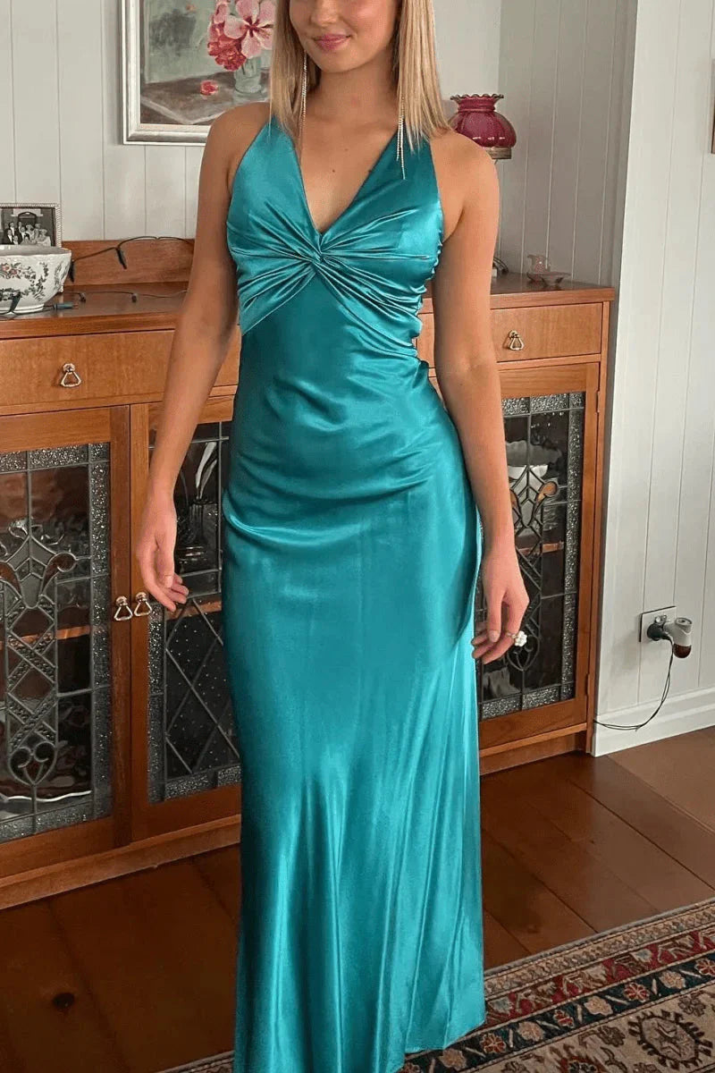 Halter V-Neck Formal Prom Dresses Pleated Satin Sleeveless Long Formal Prom Party Dresses