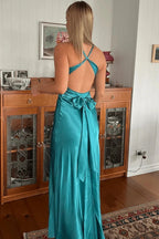 Halter V-Neck Formal Prom Dresses Pleated Satin Sleeveless Long Formal Prom Party Dresses