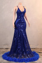 Halter V-Neck Royal Blue Sequin Sparkle Feathers Prom Dresses