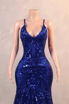 Halter V-Neck Royal Blue Sequin Sparkle Feathers Prom Dresses