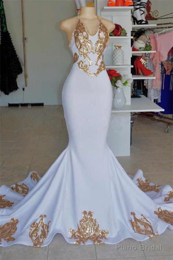 Halter V-Neck Sleeveless Gold Appliques Prom Party Gowns Main image