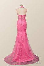 Halter Fuchsia Yellow Lace Mermaid Prom Dress