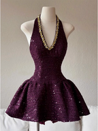 Heavy Diamond Purple Sequined Halter Neck A-Line 19Th Birthday Homecoming Dresses