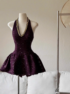 Heavy Diamond Purple Sequined Halter Neck A-Line 19Th Birthday Homecoming Dresses