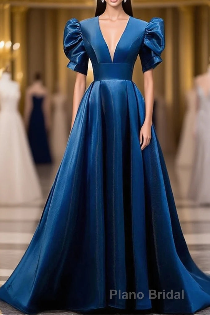 Blue V Neck Satin Short Sleeves Long Formal Prom Dresses Blue Satin Evening Dresses Main image