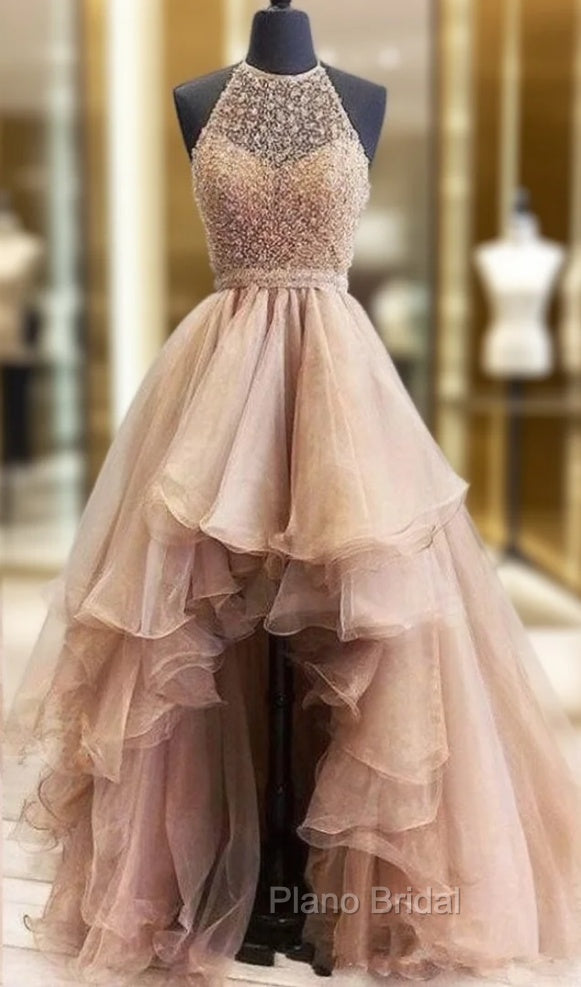 Hi Low Robe De Soiree Ball Gown High Collar Organza Lace Pearls Sexy Long Formal Prom Dresses Formal Prom Gown Evening Dresses