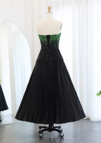 High-End Black And Green Color-Block A-Line Strapless Sequin Satin Long Formal Prom Dresses