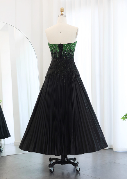High-End Black And Green Color-Block A-Line Strapless Sequin Satin Long Formal Prom Dresses