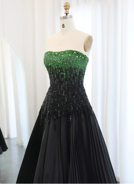 High-End Black And Green Color-Block A-Line Strapless Sequin Satin Long Formal Prom Dresses