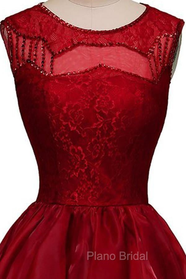 High-Low Burgundy Organza Homecoming Dresses Beading
