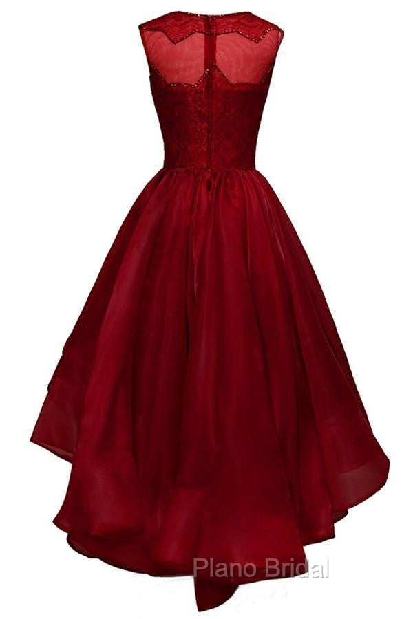High-Low Burgundy Organza Homecoming Dresses Beading