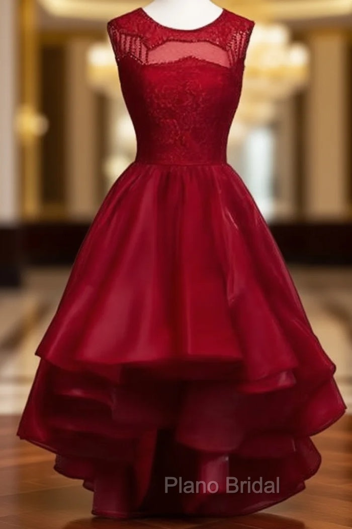 High-Low Burgundy Organza Homecoming Dresses Beading