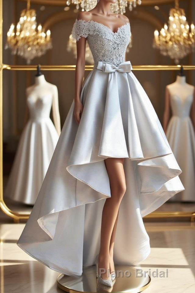 High Low Off Shoulder Gray Lace Formal Prom Dress, Off the Shoulder Gray Homecoming Dress, Gray Lace Formal Evening Dress