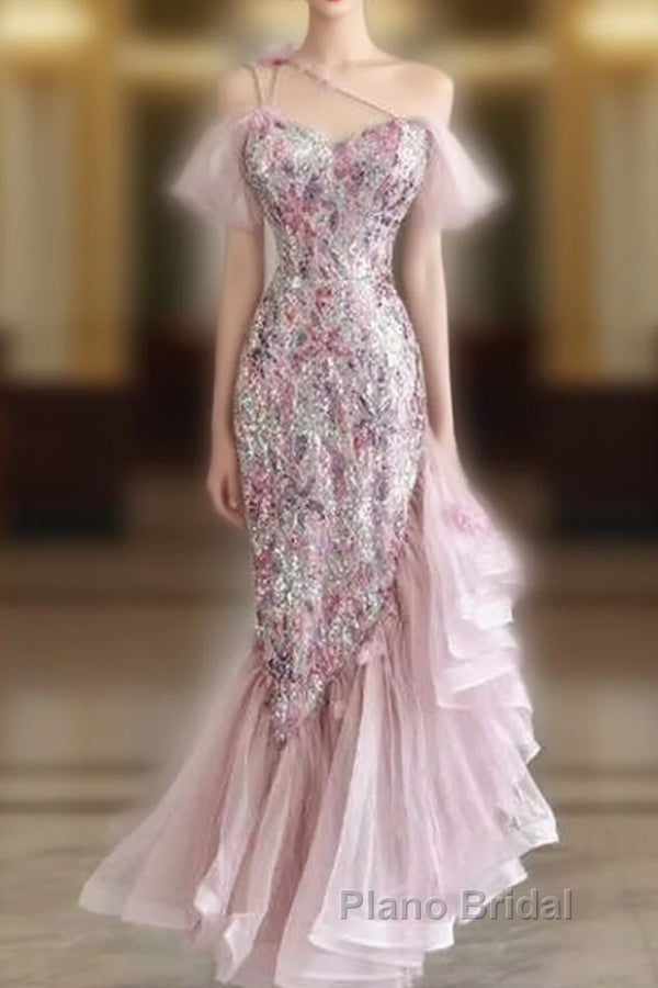 High Low Off The Shoulder Tulle Pink Tiered Formal Prom Dresses Evening Dresses Main image