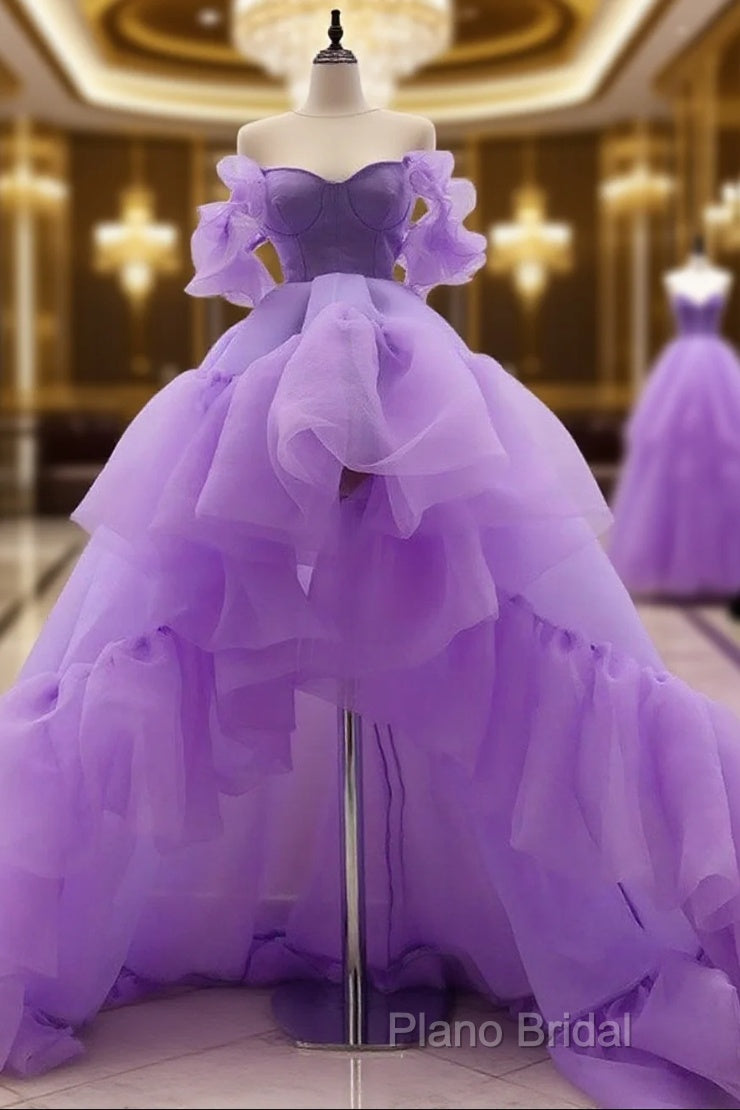 High Low Puffy Sleeves Tulle Purple Formal Prom Dresses Main image