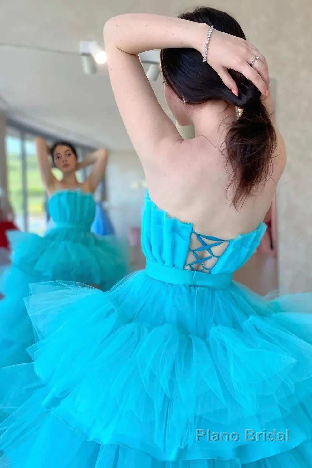 High Low Strapless Sky Blue Long Prom Dress with Criss Cross Back Secondary image