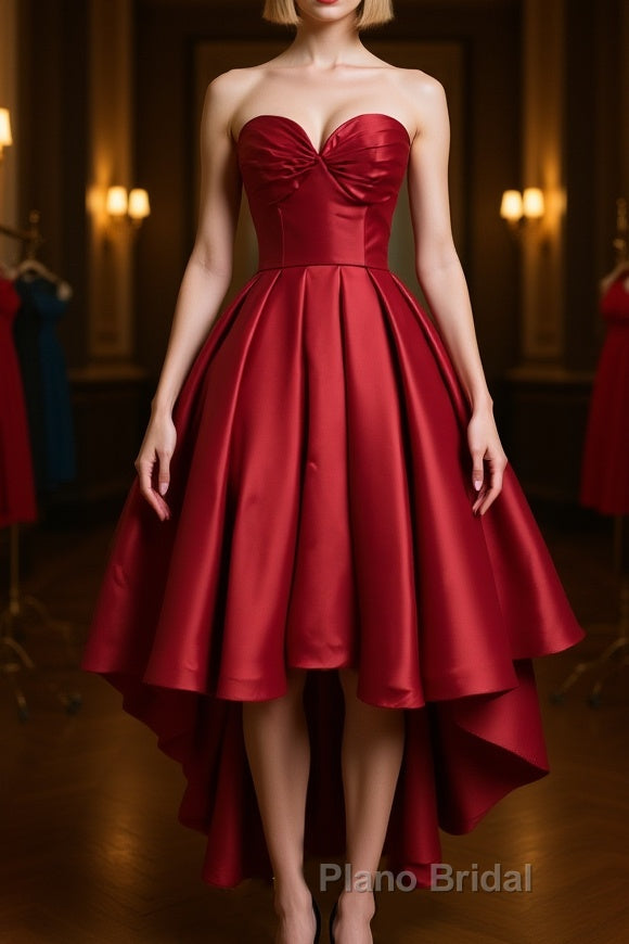 High Low Sweetheart Neck Strapless Backless Satin Red Formal Prom Dresses, Red Graduation Dresses, Red Backless Formal Evening Dresses Main image