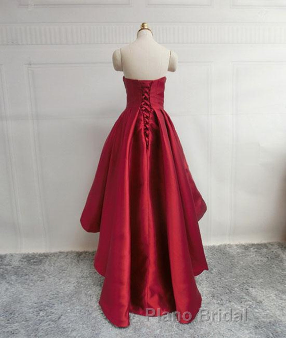 High Low Sweetheart Neck Strapless Backless Satin Red Formal Prom Dresses, Red Graduation Dresses, Red Backless Formal Evening Dresses