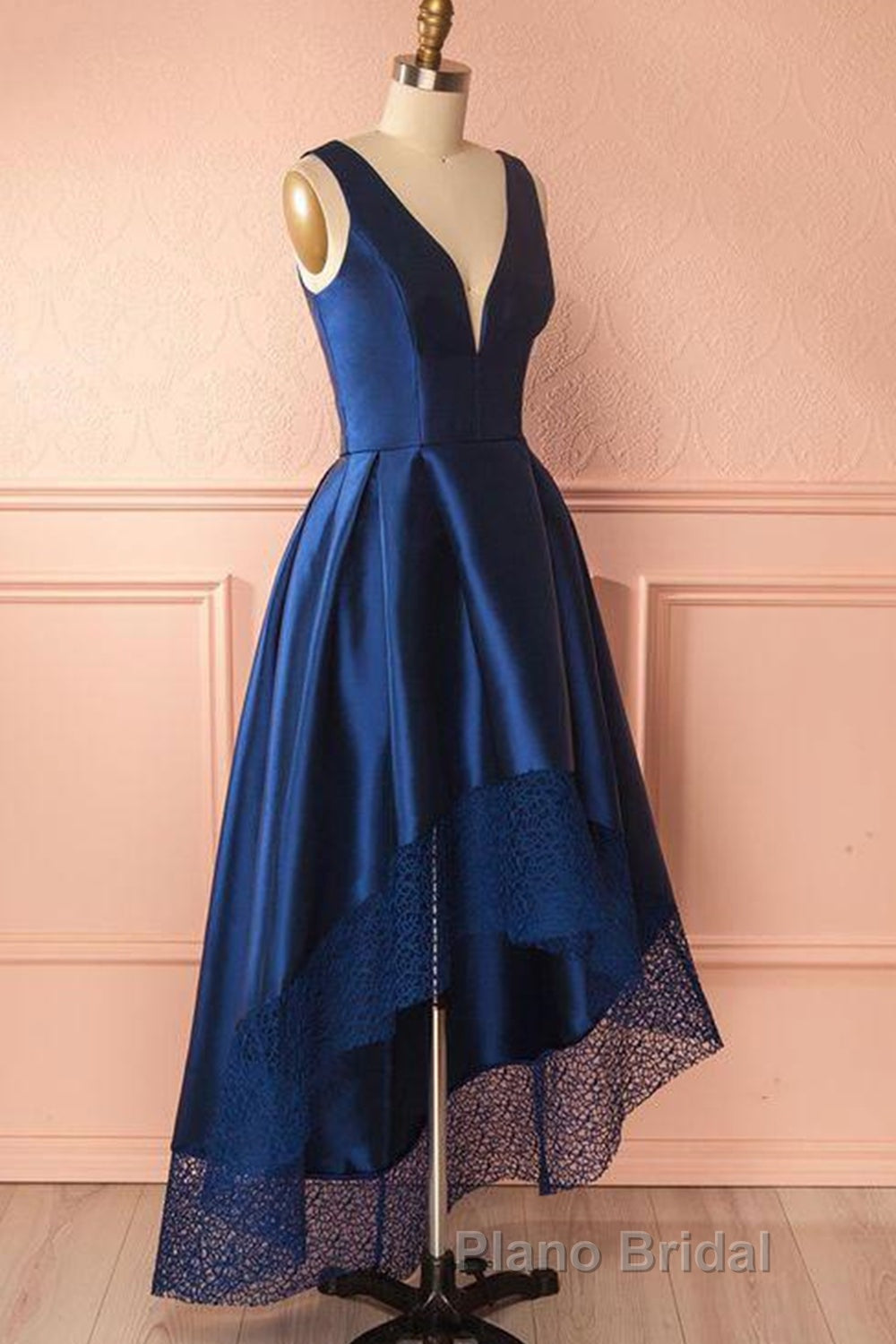 High Low V Neck Blue Satin Formal Prom Dresses, Open Back Blue Formal Dresses, Blue Evening Dresses Secondary image
