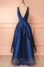 High Low V Neck Blue Satin Formal Prom Dresses, Open Back Blue Formal Dresses, Blue Evening Dresses