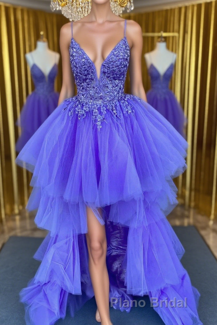 High Low V Neck Purple Lace Long Formal Prom Dress, Lilac Lace Formal Dress, Purple Evening Dress