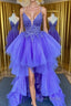 High Low V Neck Purple Lace Long Formal Prom Dress, Lilac Lace Formal Dress, Purple Evening Dress
