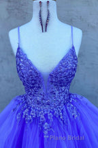 High Low V Neck Purple Lace Long Formal Prom Dress, Lilac Lace Formal Dress, Purple Evening Dress