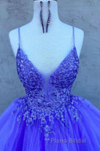 High Low V Neck Purple Lace Long Formal Prom Dress, Lilac Lace Formal Dress, Purple Evening Dress